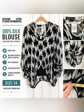 Diane von Furstenberg 100% Silk Geometric Print Blouse 14 Sheer Balloon Sleeve